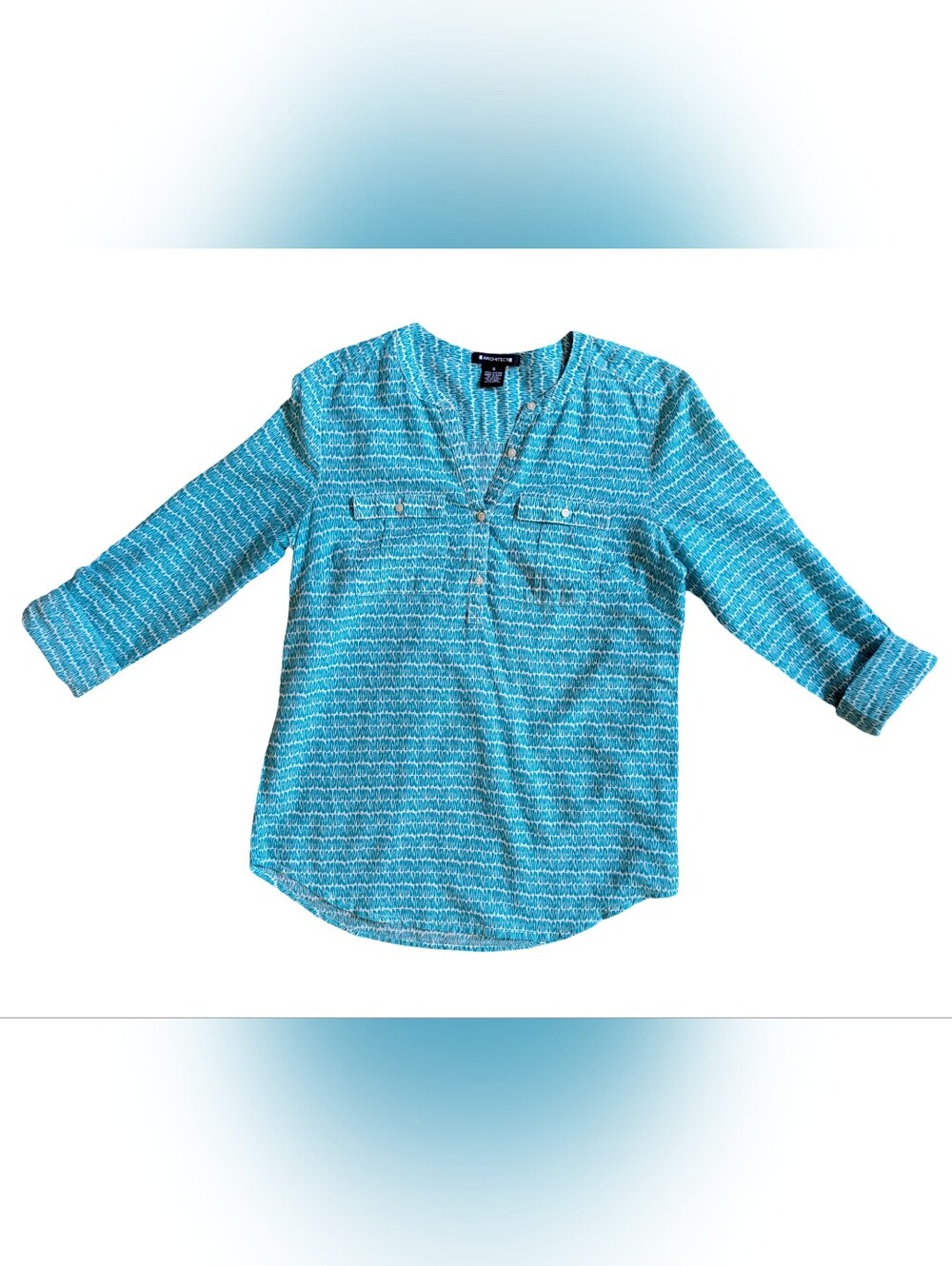 Architect Henley Tunic Blouse 100% Cotton Turquoise White Geometric Print S